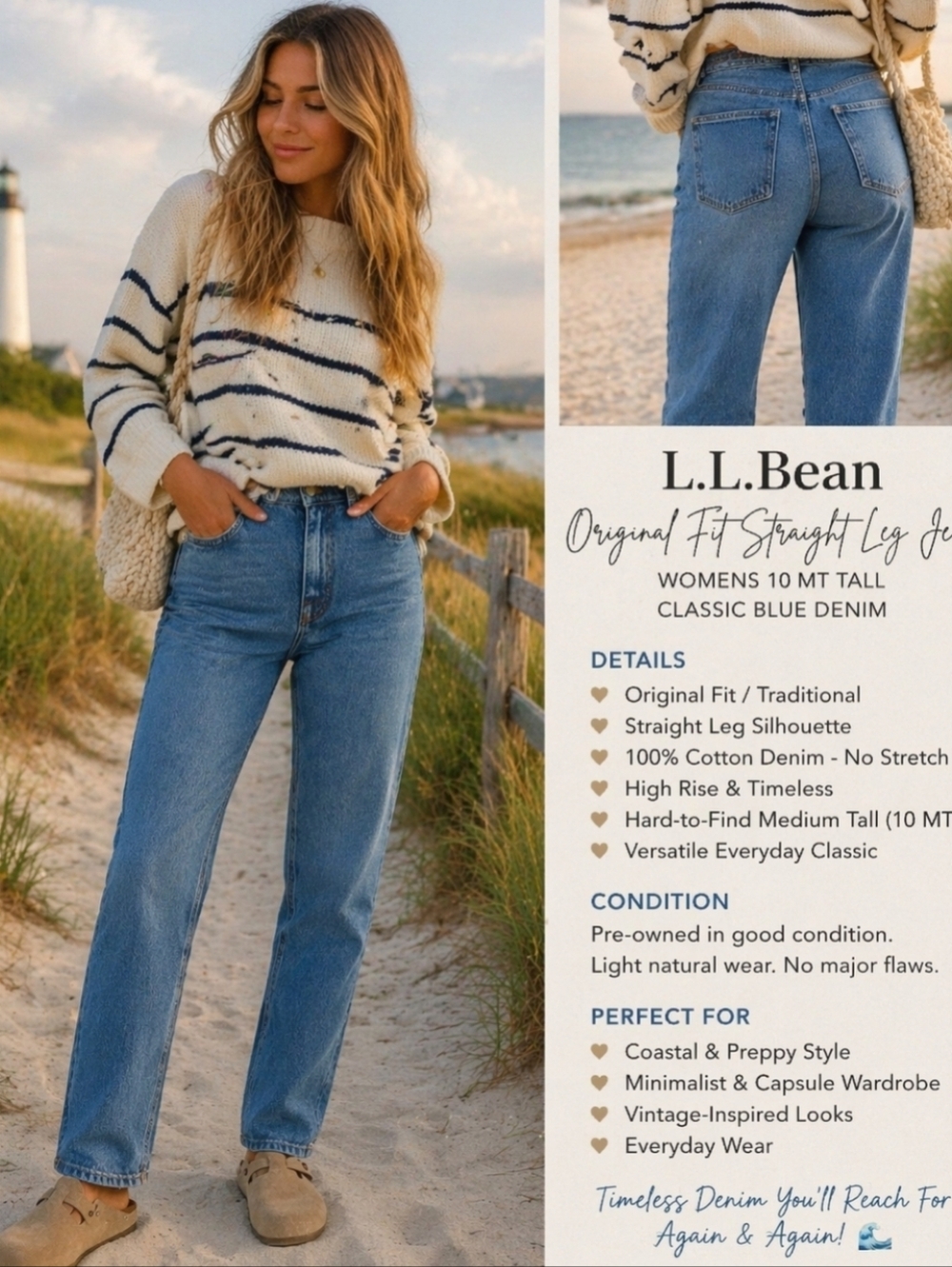 L.L.Bean Original Fit Straight Leg Jeans 10 MT Tall Classic Blue High Rise Denim